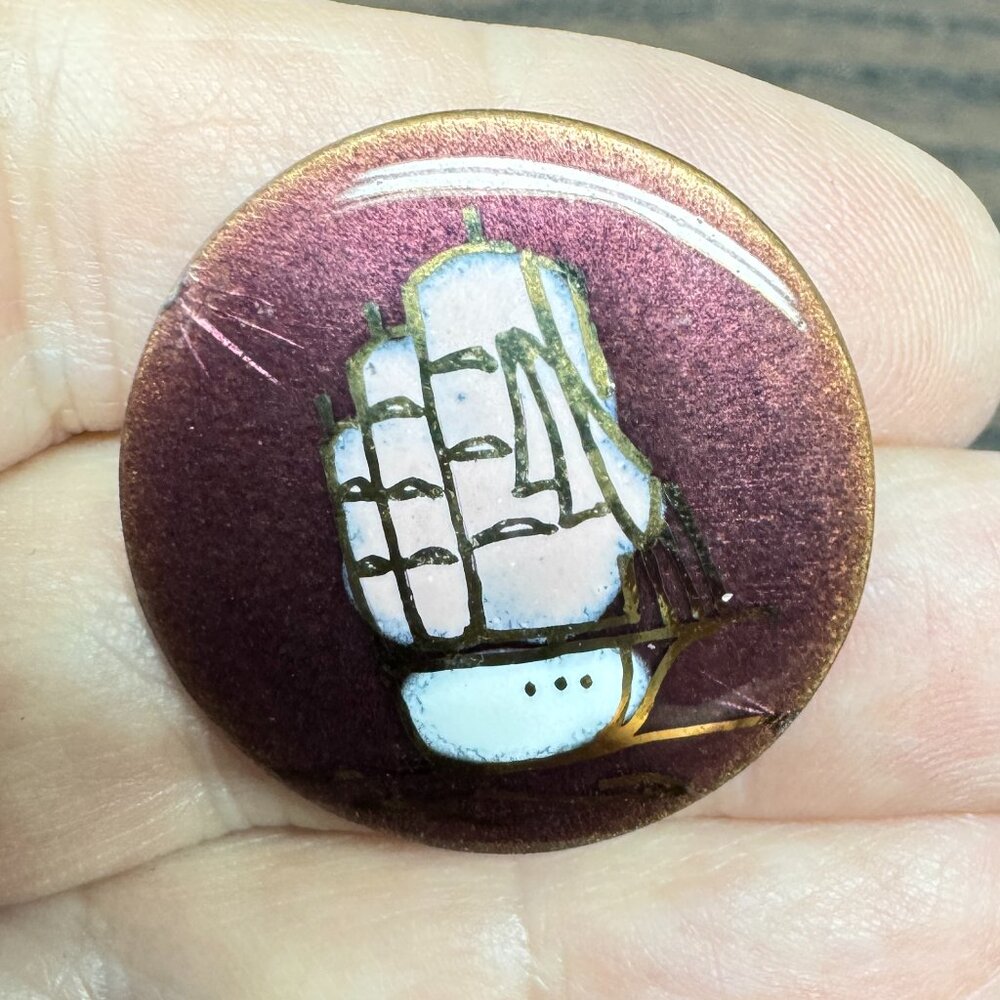 Vintage Copper Enamel Art Brooch of a Sailing Ship Signed Claude Perrier *read*